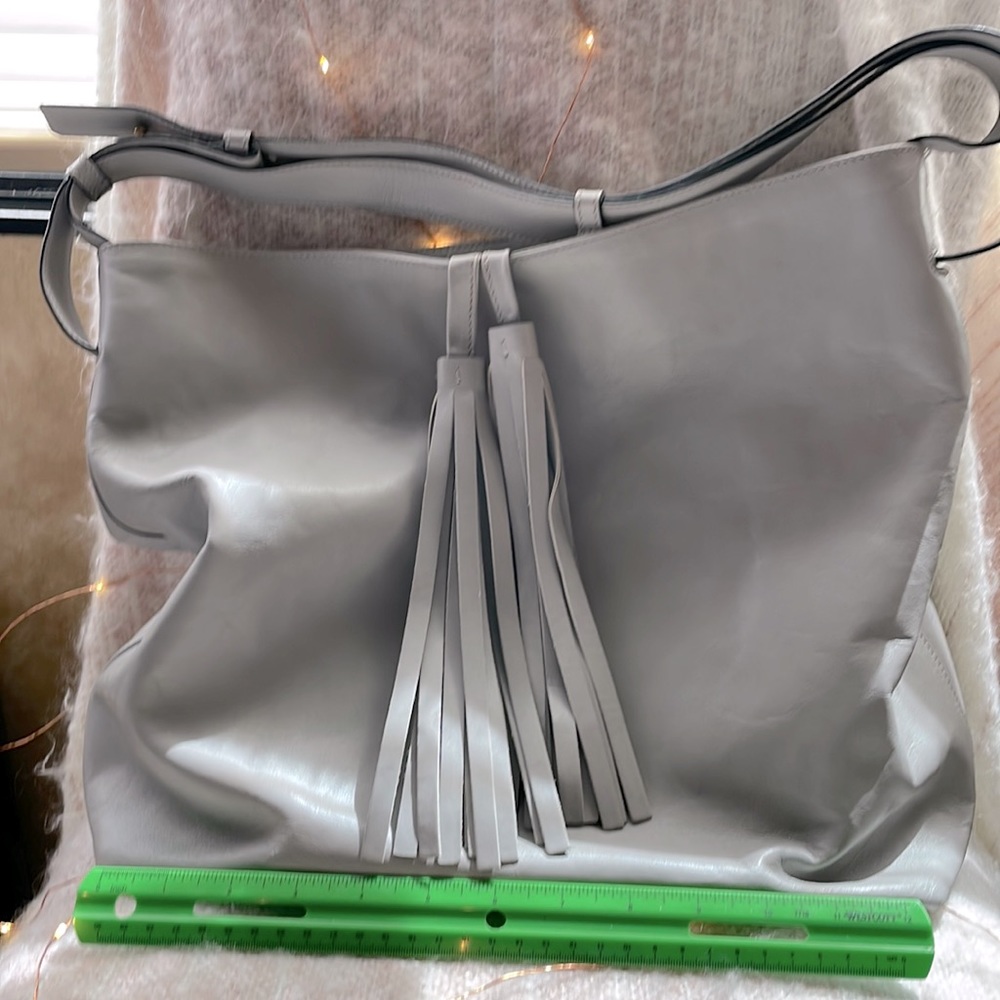 carBotti Italian Leather NWOT 12x12 dove grey Gorgeous gold accents 3 pockets